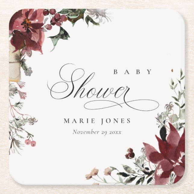 Dusky Warm Winter Festive Foliage Baby Shower Square Paper Coaster (Front)