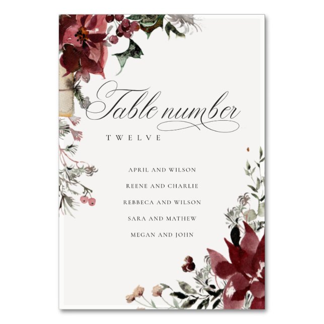 Dusky Warm Winter Festive Foliage Wedding Name Table Number (Front)