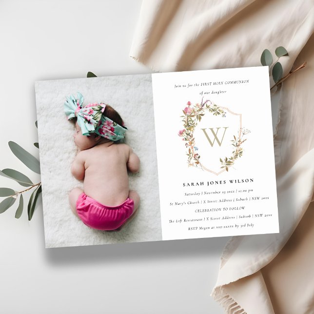 Dusky Wildflower Crest Photo First Holy Communion Invitation (Creator Uploaded)