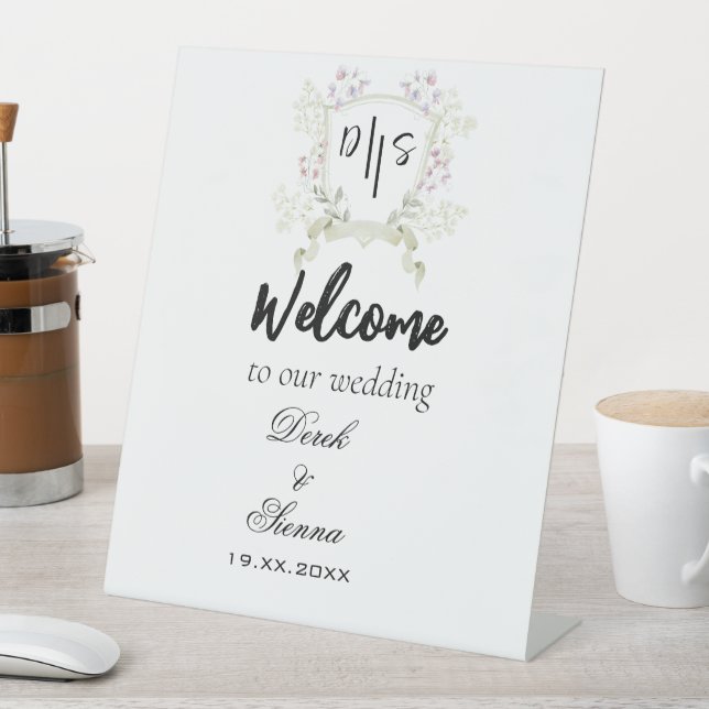 Dusky Wildflower Monogram Crest Wedding Pedestal Sign (In SItu)