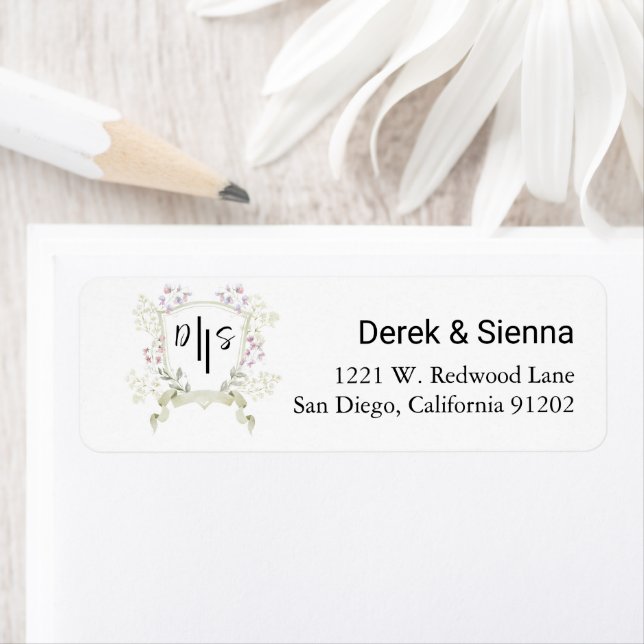 Dusky Wildflower Monogram Crest Wedding Return  Address Label (Insitu)