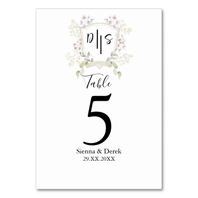 Dusky Wildflower Monogram Crest Wedding Table Number (Front)