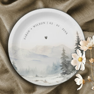 Dusky Winter Snow Mountain Landscape Wedding Paper Plate
