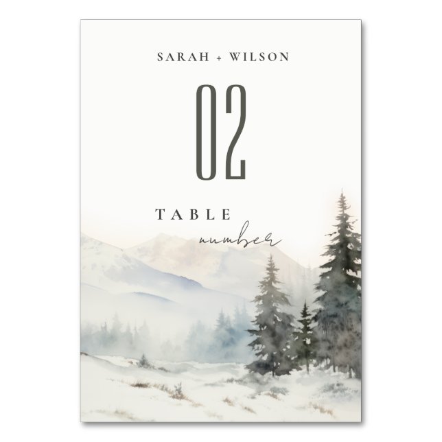 Dusky Winter Snow Mountain Landscape Wedding Table Number (Front)