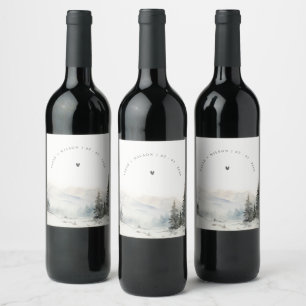 Dusky Winter Snow Mountain Landscape Wedding Wine Label