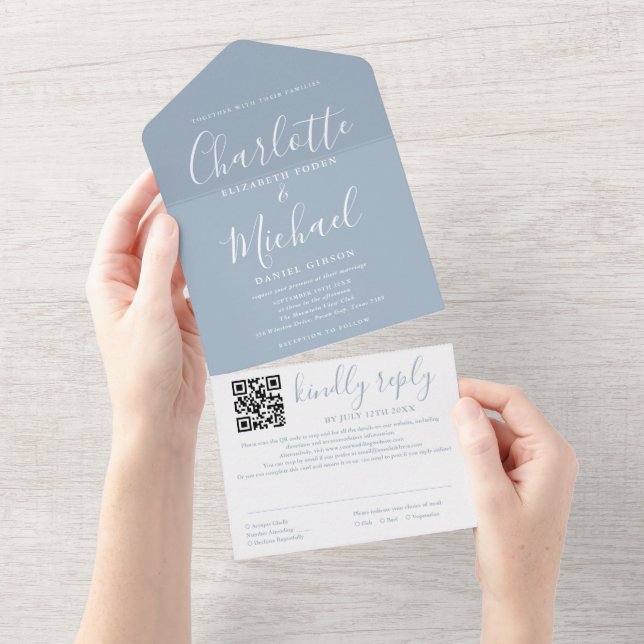 Dust Blue Elegant Modern Script QR Code Wedding All In One Invitation (Tearaway)