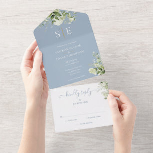 Dust Blue Elegant Monogram Greenery Wedding All In One Invitation