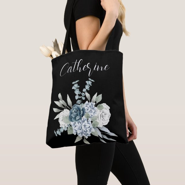 Dust Blue One Side Script Personalised Name Boho  Tote Bag (Close Up)