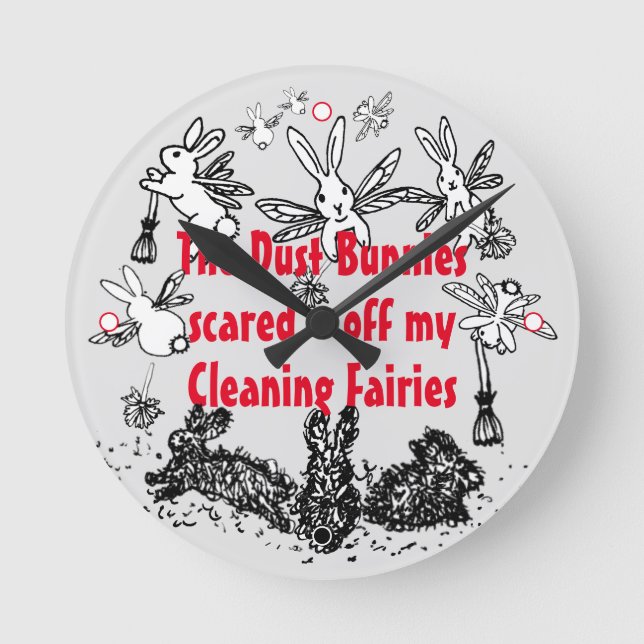 Dust Bunny Cleaning Fairy Rabbit Humourous Funny Round Clock (Front)