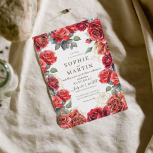 Dust Red Roses Gold Flower Wedding Invitation