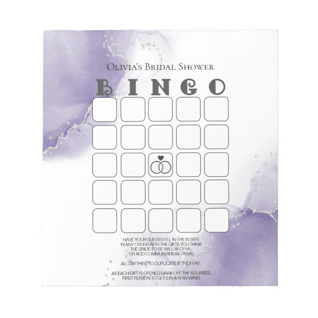 Dusty Amethyst Marble Bridal Shower Bingo  Notepad (Front)