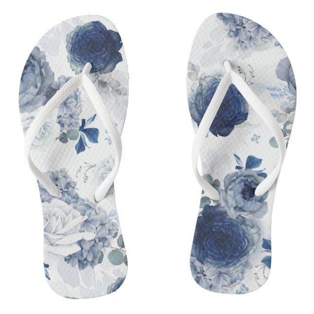 Dusty and Navy Blue Floral Elegant Botanical Thongs (Footbed)