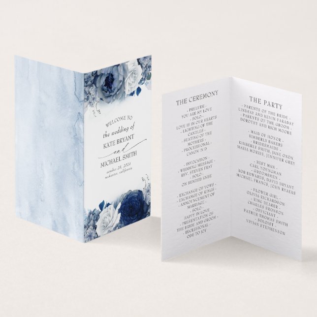 Dusty and Navy Blue Floral Wedding Programs (Inside and Outside)