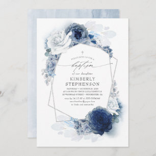 Dusty and Navy Blue Flowers Elegant Modern Baptism Invitation