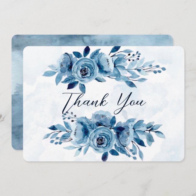 Dusty and Navy Blue Paint Peony Wedding Thank You Invitation (Front/Back)