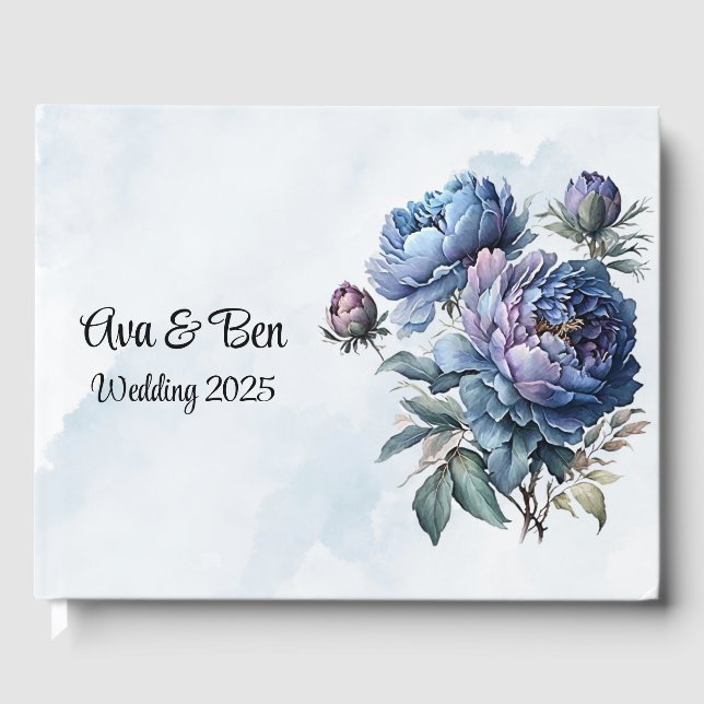 Dusty and Navy Watercolor Peony Wedding Guest Book (Front)