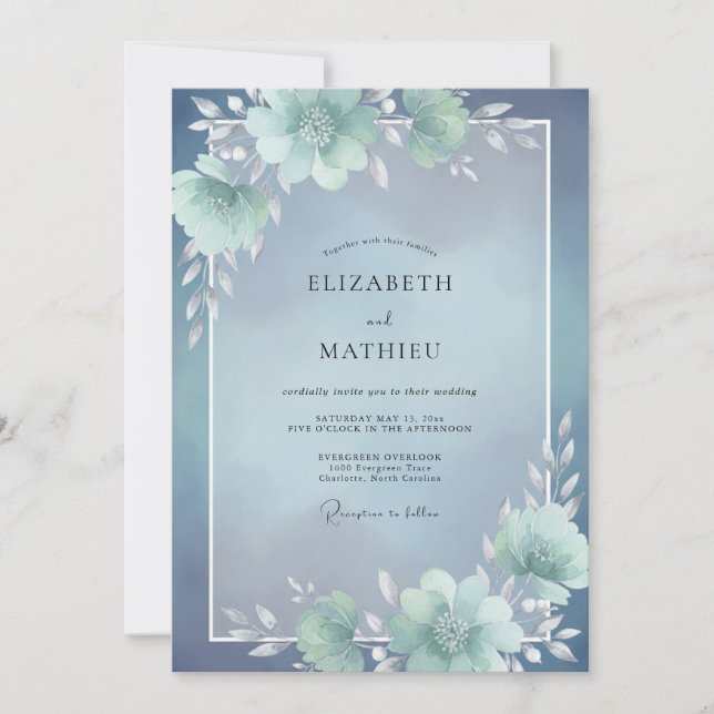 Dusty Aqua Bloom Wedding Invitation (Front)