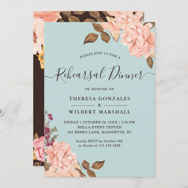 Dusty Aqua Blue Blush Floral Rehearsal Dinner Invitation (Front/Back)