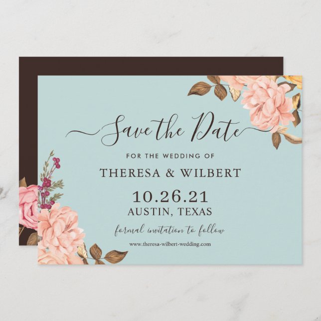 Dusty Aqua Blue Blush Floral Wedding Save the Date Invitation (Front/Back)