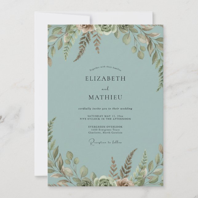 Dusty Aqua Leafy Wedding Invitation (Front)