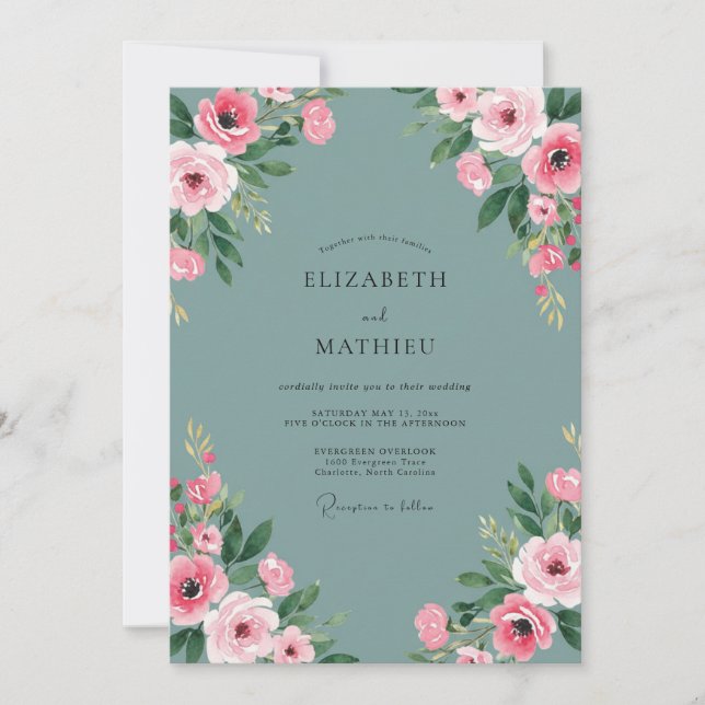 Dusty Aqua Peony Wedding Invitation (Front)