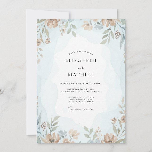 Dusty Azure Bloom Wedding Invitation (Front)