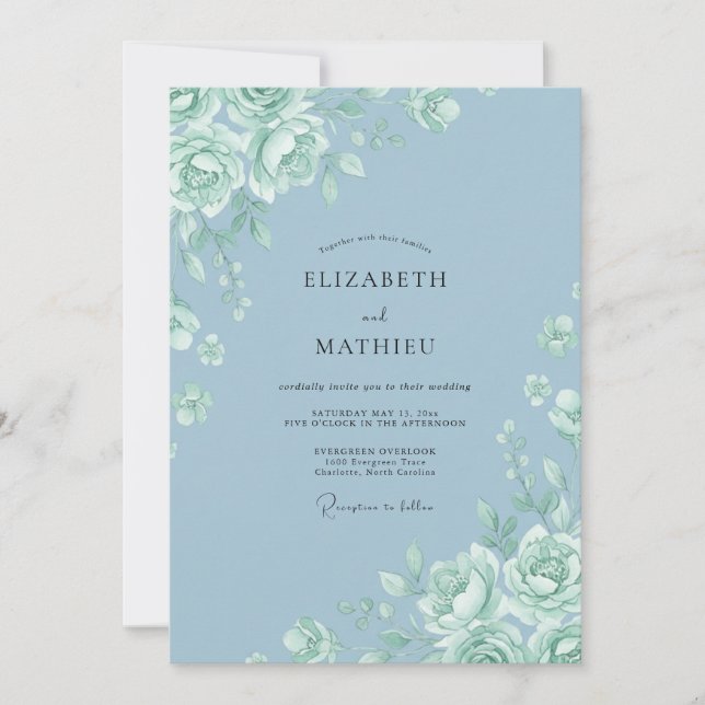 Dusty Azure Rose Wedding Invitation (Front)