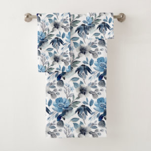 Dusty Baby Blue Vintage Floral Pattern Bath Towel Set