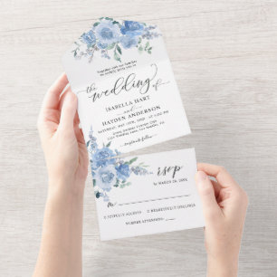 Dusty Baby Light Blue Floral Botanical Wedding All In One Invitation