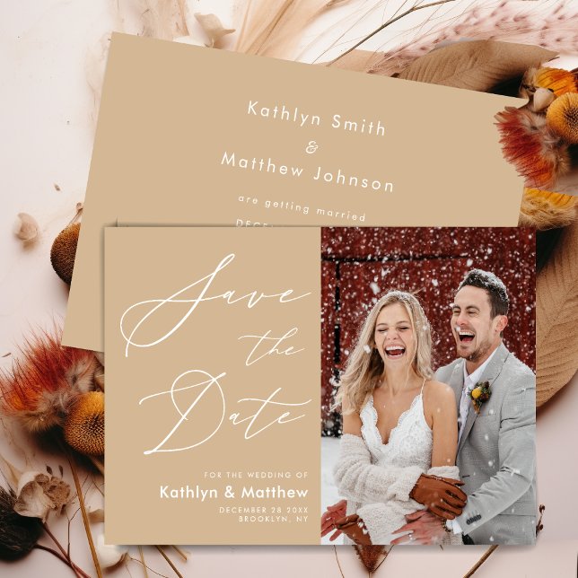 Dusty Beige Elegant Script Modern Photo Wedding Save The Date (Creator Uploaded)