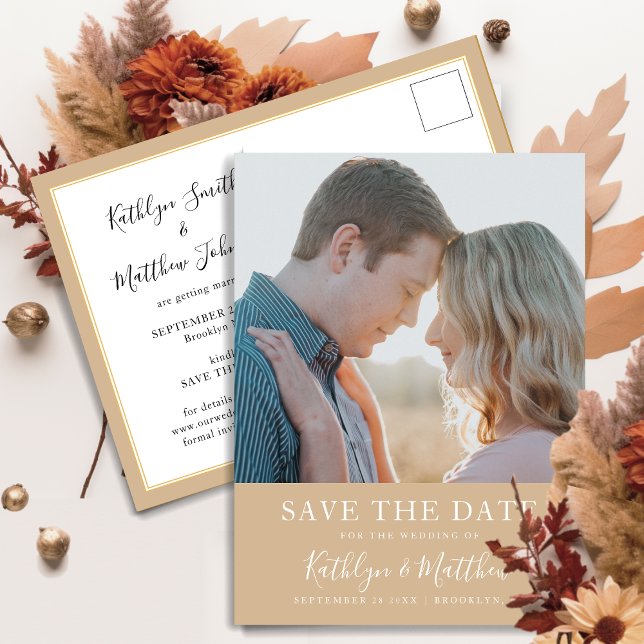Dusty Beige Modern Typography Simple Photo Wedding Announcement Postcard (Creator Uploaded)
