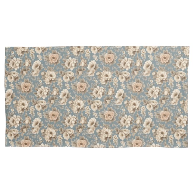 Dusty Biue with Ivory Roses Floral Pillowcase (Front)