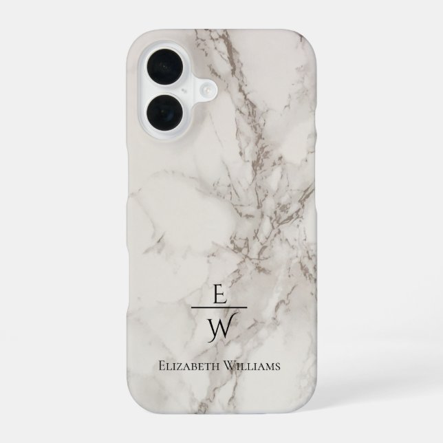 Dusty black and white marble glitter personalized  iPhone 16 case (Back)