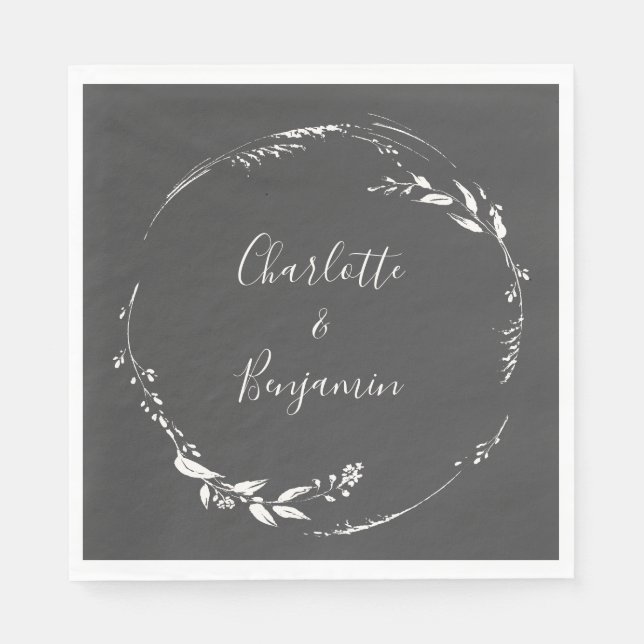 Dusty Black Floral Wreath Calligraphy Personalised Napkin (Front)