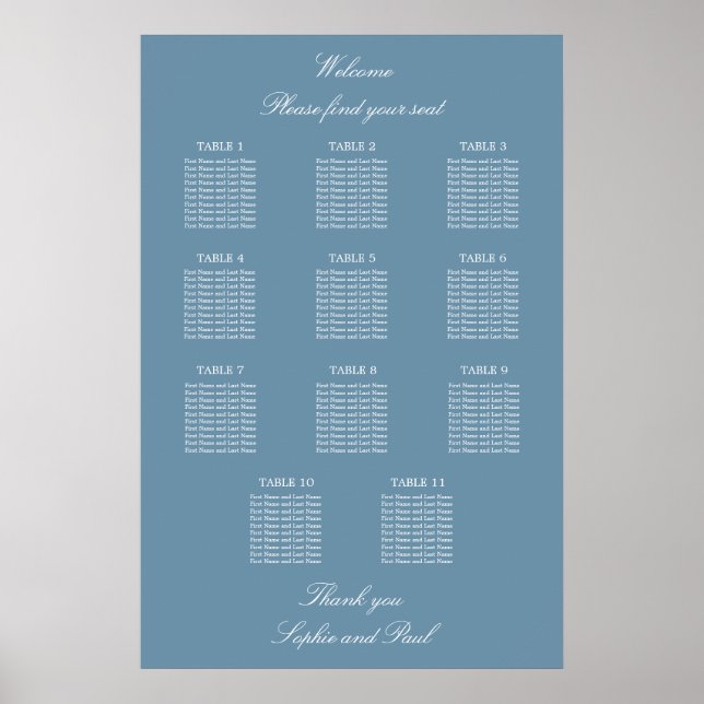 Dusty Blue 11 Table Wedding Seating Chart Poster (Front)