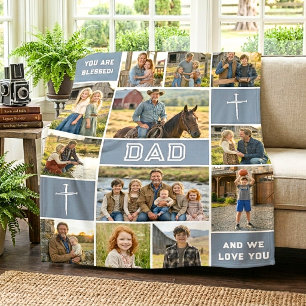 Dusty Blue 12 Photo Dad Name Bold White Legacy Fleece Blanket