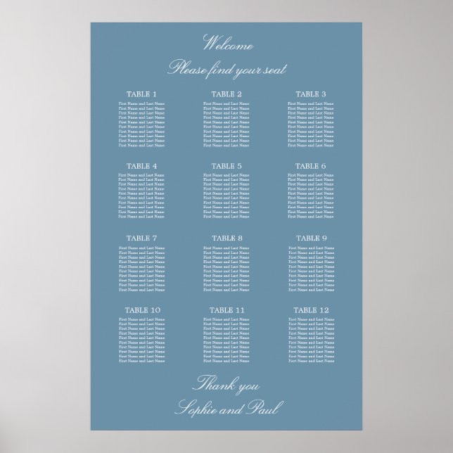 Dusty Blue 12 Table Wedding Seating Chart Poster (Front)