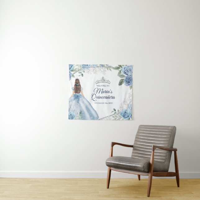 Dusty Blue 15 Anos Quinceañera Crown Welcome Sign Tapestry (In Situ (Horizontal))