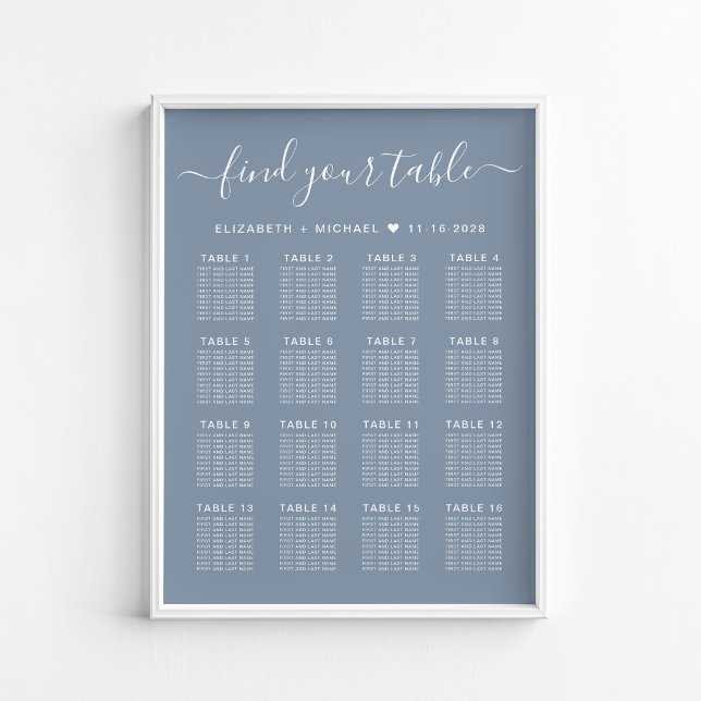 Dusty Blue 16 Table Wedding Seating Chart (Creator Uploaded)