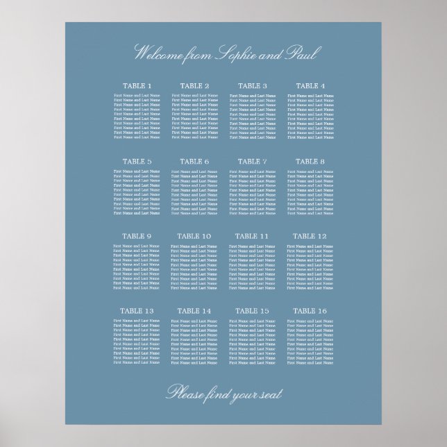 Dusty Blue 16 Table Wedding Seating Chart Poster (Front)