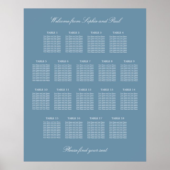 Dusty Blue 18 Table Wedding Seating Chart Poster (Front)