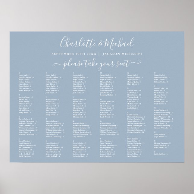 Dusty Blue 200 Names Wedding Seating Chart (Front)