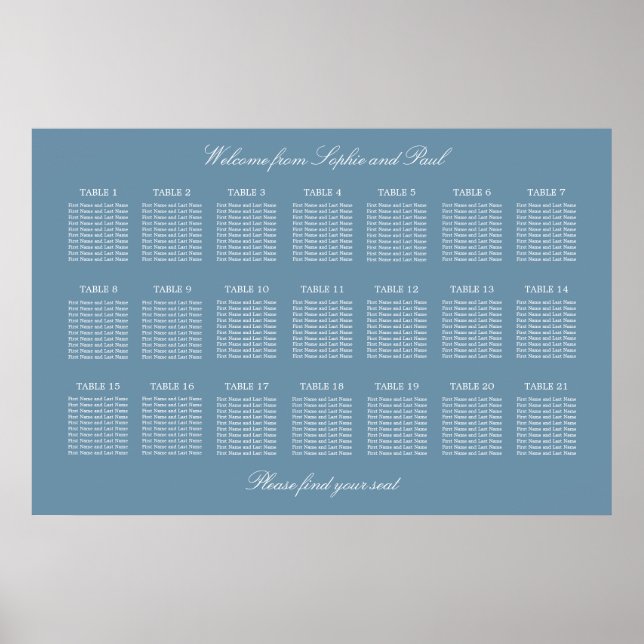 Dusty Blue 21 Table Wedding Seating Chart Poster (Front)