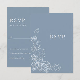 Dusty Blue 2 Botanical Daisy Traditional Wedding RSVP Card