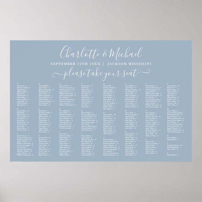 Dusty Blue 300 Names Wedding Seating Chart (Front)