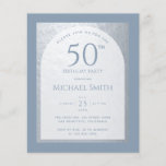 Dusty Blue 50th Birthday Silver Budget Invitation<br><div class="desc">A modern birthday invitation with a modern colour: dusty blue. 

On a dusty blue rectangular background,  it has a faux silver foil arch that has inside dusty blue text on white background. The first line is arched text. All text can be changed,  including the age.</div>