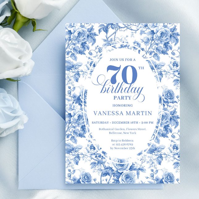 Dusty Blue 70th Birthday Floral Invitation Card (Dusty Blue 70th Birthday Floral Invitation Card)