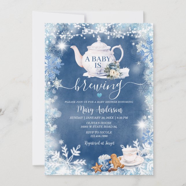 Dusty Blue A Baby is Brewing Baby Shower Christmas Invitation (Front)