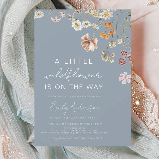Dusty Blue A Little Wildflower Baby Shower Invitation (Creator Uploaded)