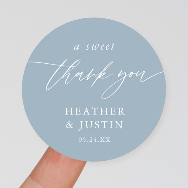 Dusty Blue A Sweet Thank You Wedding Favour Classic Round Sticker (Creator Uploaded)